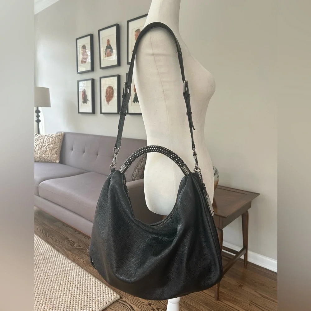 KENNETH COLE Black Leather Slouchy Hobo Bag with Studded Handle - Picture 2 of 13